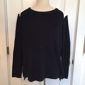 525 AMERICA SWEATER CREWNECK NAVY BLUE KNIT WHITE LEATHER ACCENT SIZE S